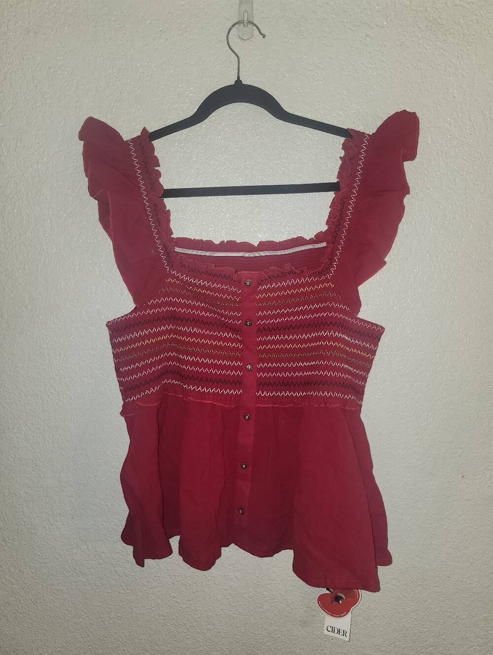 NWT Cider🍎 "Square Neckline Smocked Babydoll Tank Top" Red❤️ 💯% Cotton🙌🏻 MED - Picture 3 of 10